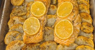 Baked Salmon with Potato Bed